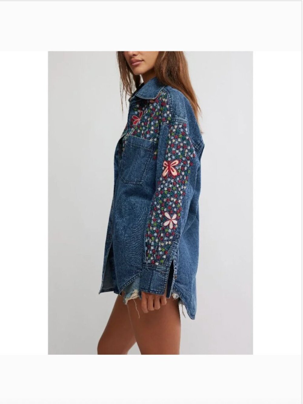 FREE PEOPLE NWT Rainbow Embroidered Denim Shirt / Rinse Wash - Picture 6 of 6